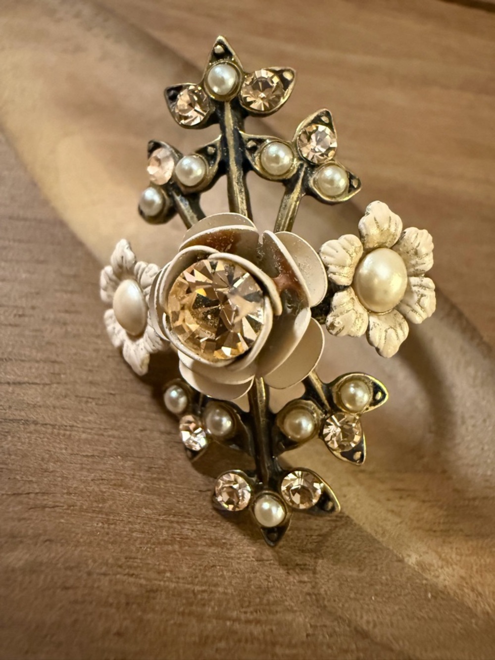Vintage-Inspired Rose, Pearl and Crystal Statement Ring in Champagne Gold